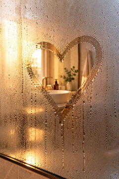 Heart on a Fogged Bathroom Mirror as a Romantic Love Message for Valentine&rsquo;s Day