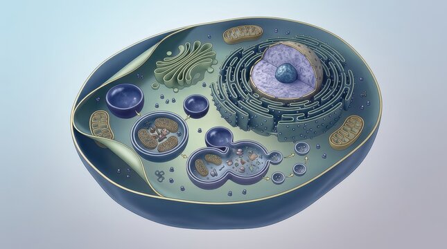 Detailed animal cell cross-section illustration showing nucleus, mitochondria, endoplasmic reticulum, Golgi apparatus, lysosomes and vesicles in teal tones