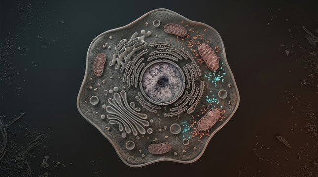 Detailed animal cell cross-section showing mitochondria, endoplasmic reticulum, nucleus and reactive oxygen species particles in dark 3D render