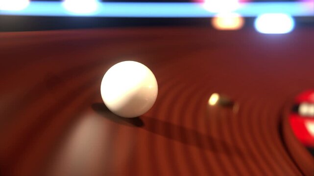 Roulette ball spinning on wooden wheel rim, dropping into slot, landing on black number thirteen, close up of gambling game in casino, blurred lights