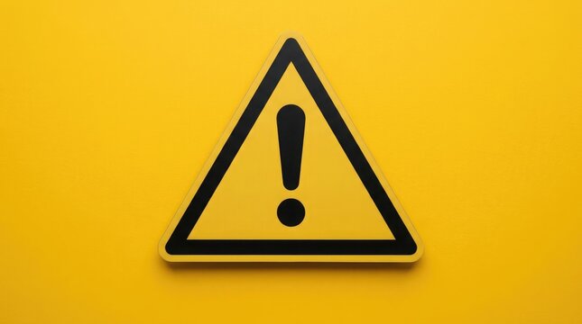 A bright yellow triangular warning sign featuring a bold black exclamation point communicates the presence of possible dangers and the need for quick
