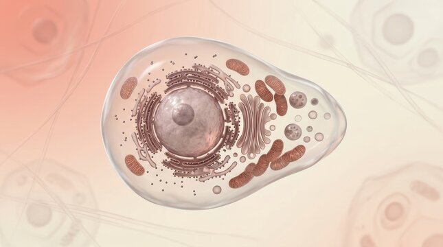 Differentiating animal cell with elongated teardrop shape displaying nucleus, mitochondria and endoplasmic reticulum on warm peach background