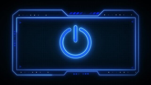 Power button symbol animation glows inside a digital frame. System startup activation data routes through power button. Electronic hardware controls use power button.