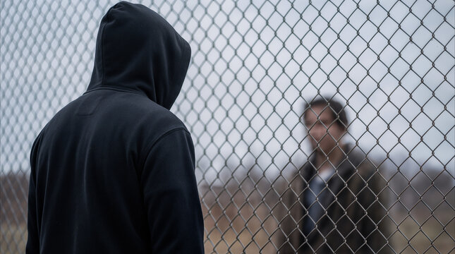 Hooded figure facing man through chain link fence. Illegal meeting or suspicious activity in restricted urban area.