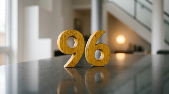 Luxurious golden foil numbers forming ninety six are beautifully reflected on a dark sleek surface within a contemporary modern interior design environment