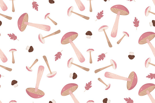 Seamless vector pattern with pastel pink mushrooms and autumn leaves. Cute flat style forest background for fabric, wallpaper, and packaging designs.