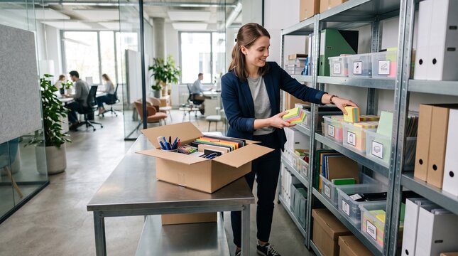 Office worker organizing supplies in a modern office storage area with shelves and boxes
