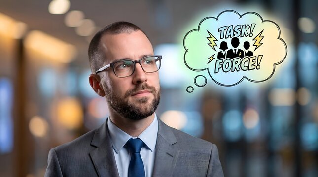 Focused business executive in a grey suit and glasses thinking about assembling a specialized task force team represented by a graphic thought bubble in a modern office interior.