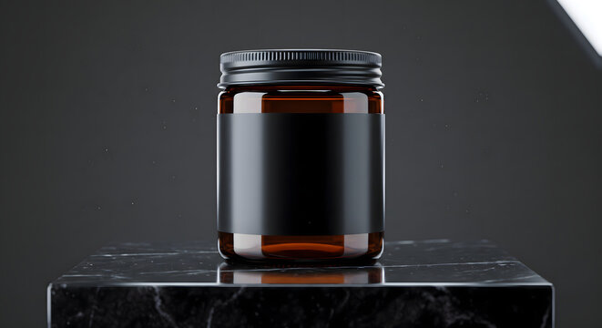 Blank dark amber glass supplement jar mockup on polished black marble - V1