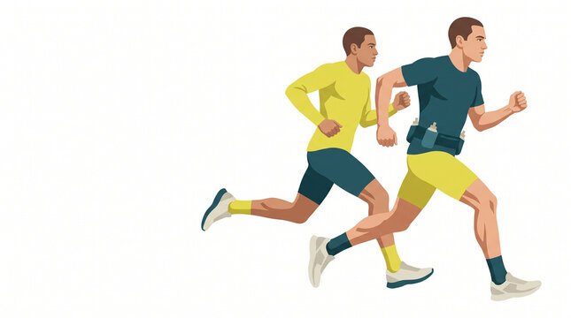 Two male athletes running during a marathon training session  
