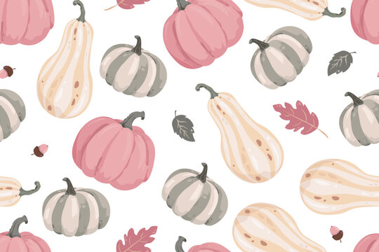 Seamless vector pattern with pastel pink and grey pumpkins, butternut squash, and autumn leaves. Cute fall background for fabric, wallpaper, and Thanksgiving designs.