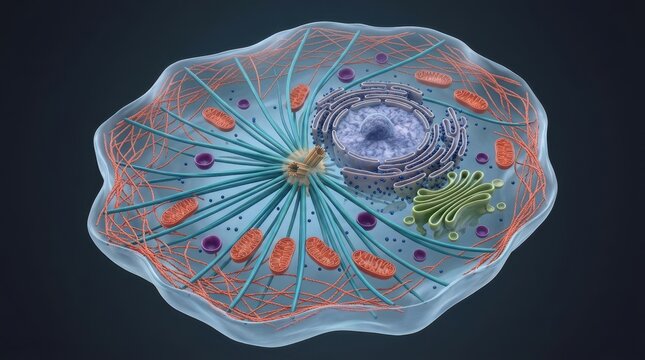 Mammalian Animal Cell Internal Structure 3D Cutaway Showing Nucleus, Mitochondria, Golgi, Cytoskeleton and Centriole on Dark Blue Background