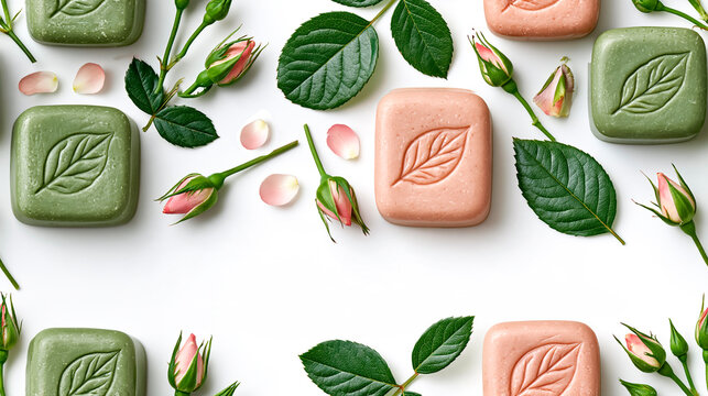 Seamless pattern of natural cosmetic soap and rose flowers.