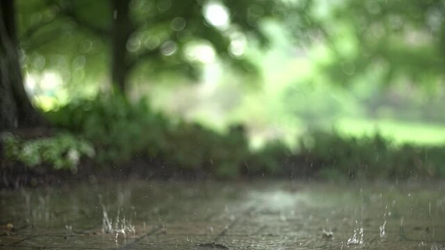 Heavy summer rain falling on a paved patio surface with blurred green trees in the background