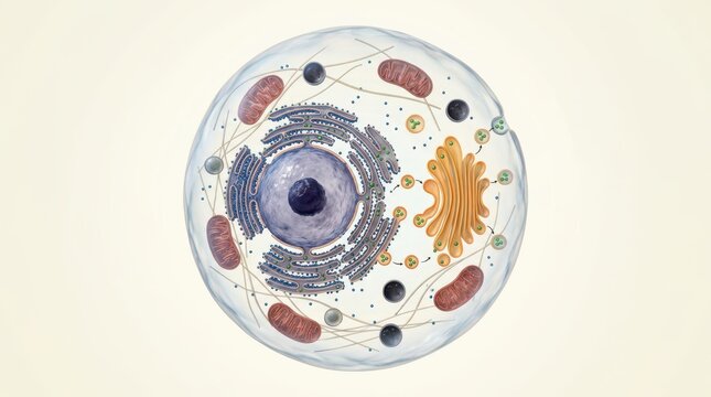 Protein production pathway inside an animal cell flat-style 3D illustration with Golgi apparatus, ribosomes and vesicle secretion