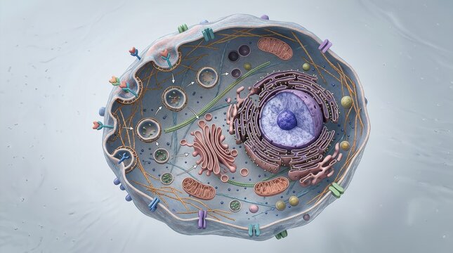 Receptor-mediated endocytosis in an animal cell cross-section 3D illustration showing vesicle formation, cytoskeleton and organelles