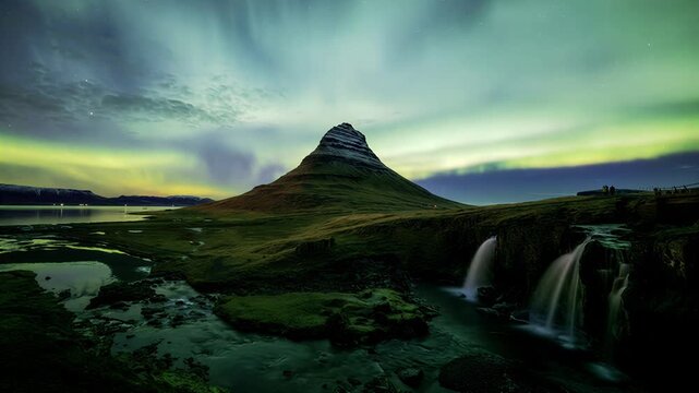 Vibrant aurora borealis dancing over the iconic Kirkjufell mountain and waterfall in Iceland