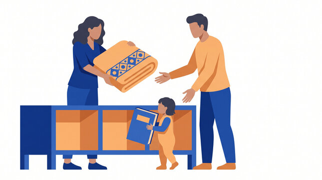 Family organizing home for New Year with child helping  