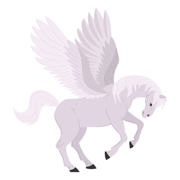 Flying pegasus horse. Mythical winged horse in dynamic walking pose with raised wings flat vector illustration. Fantasy storybook creature