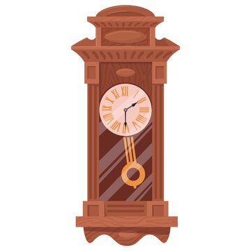 Grandfather vintage pendulum clock. Ornate wooden floor clock with pendulum and carved architectural case flat vector illustration. Classic retro home decor