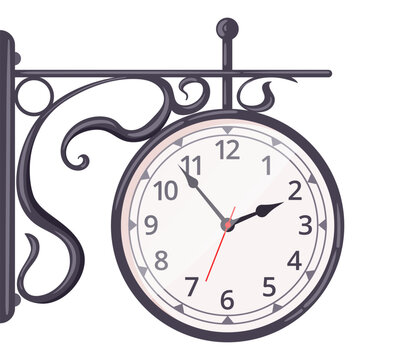 Ornate wall clock. Hanging clock with decorative iron bracket, scrollwork and Roman numeral dial flat vector illustration. Vintage architectural timepiece