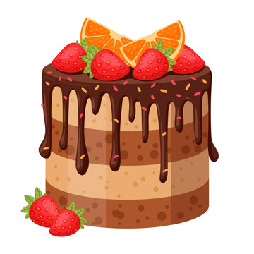 Strawberry chocolate cake. Layered chocolate cake topped with strawberries, orange slices and glossy chocolate glaze flat vector illustration. Dessert design
