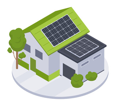 Solar house system. Modern home with rooftop solar panels, trees and green landscaping flat vector illustration. Sustainable residential energy