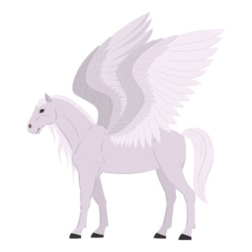 Winged fantasy horse. Mythical pegasus with large feathered wings standing in profile flat vector illustration. Magical creature for fantasy design