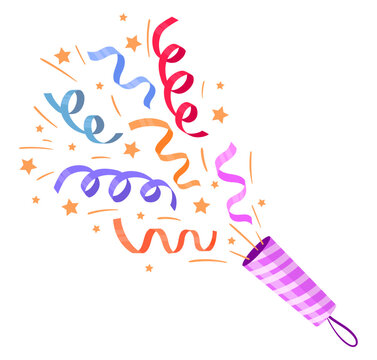 Party popper confetti. Colorful paper popper releasing ribbons, curls, stars and confetti flat vector illustration. Celebration decoration graphic