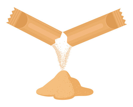 Sugar sachet cafe. Paper sugar packet with granulated sugar spilling out flat vector illustration. Single serving sweetener for coffee shops and restaurants