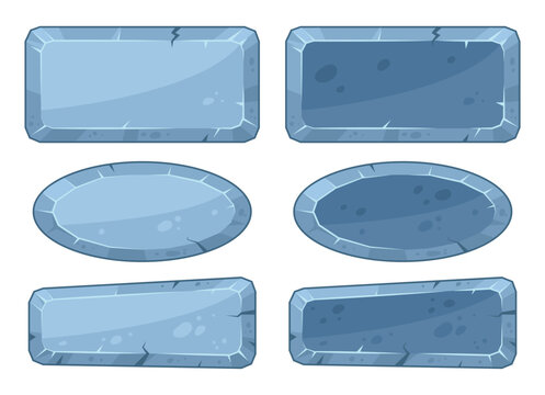 Stone game plates. Granite stone slabs and rounded shapes with cracked surfaces flat vector illustration set. Fantasy game elements