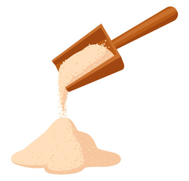 Sugar serving scoop. Wooden scoop filled with white granulated sugar flat vector illustration. Sweetener portion for cafe, restaurant and bakery
