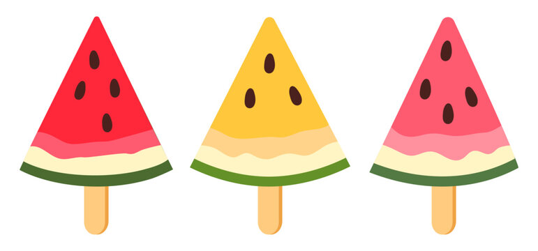 Watermelon popsicle collection. Sweet watermelon slices on sticks with colorful fruit layers flat vector illustration set. Summer frozen treats
