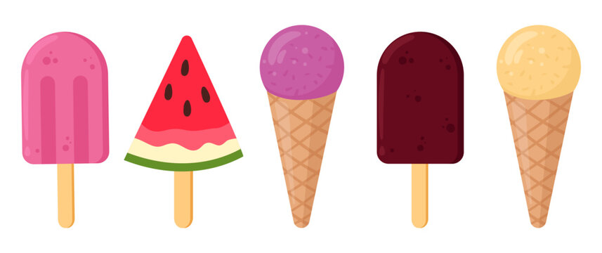 Summer ice cream collection. Popsicles, watermelon slices and ice cream cones with colorful flavors flat vector illustration set. Frozen dessert graphics