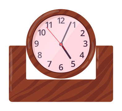 Vintage mantel clock. Wooden tabletop clock with angled base and classic round face flat vector illustration. Traditional interior accent