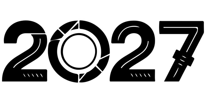 2027 bold black numbers with speed lines vinyl style zero modern typography new design on white background, Stylish 2027 numeral design in bold black with decorative speed lines. 