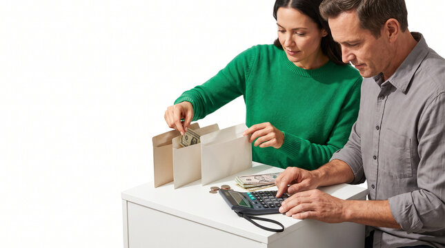 Couple budgeting finances together at home with cash and calculator  
