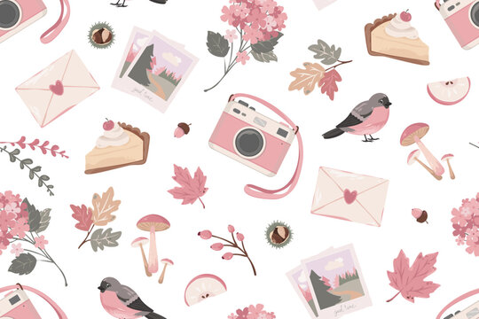 Warm flat style fall texture featuring photos, pie, mushrooms, and flowers. Perfect for seasonal packaging, greeting cards, and textile prints.