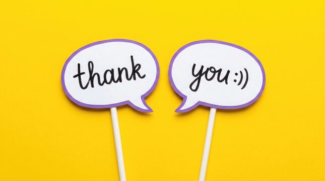 An overhead perspective of thank you speech bubble props displayed on a bright vibrant yellow backdrop conveying gratitude and sincere appreciation for kindness