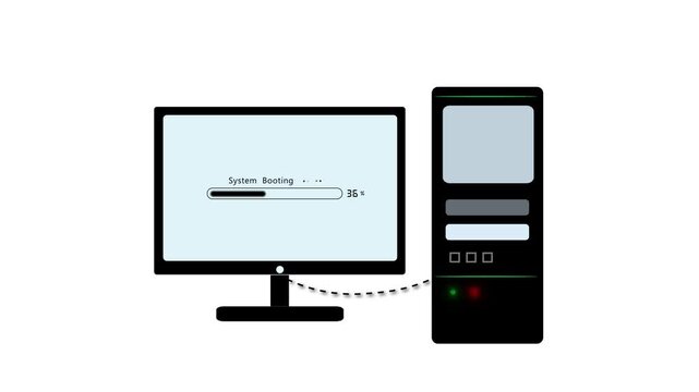 Computer system animation boots up with a progress indicator. Operating software startup tracks on computer system animation. Hardware initialization runs on system.