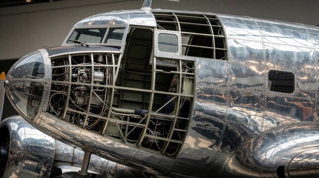 Close up of vintage silver airplane fuselage with open cockpit section. Metal aircraft body shows internal engine parts, wires, frame structure. Old jet propeller plane displayed in museum for