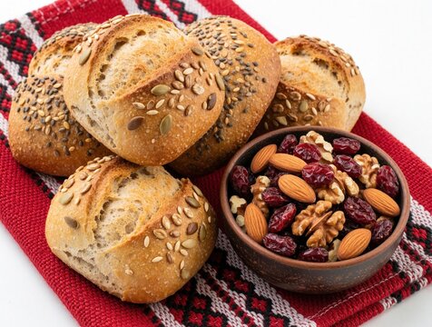 Assorted fresh baked grain rolls, bowl of mixed nuts with dried cranberries on red patterned cloth. Healthy breakfast snack featuring seeds, almonds, walnuts, fruit. Tasty bakery products for