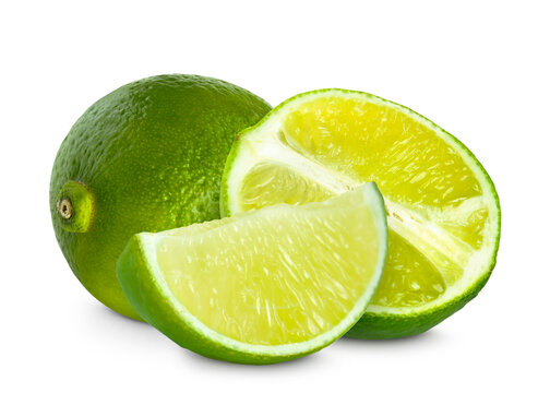 Fresh limes isolated on white. Whole and sliced