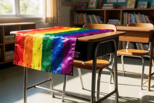 LGBTQ pride rainbow flag lies on wooden school desk in empty classroom. Colorful pride flag inclusivity, diversity in education. Sunny school room with bookshelves, student chairs creates background