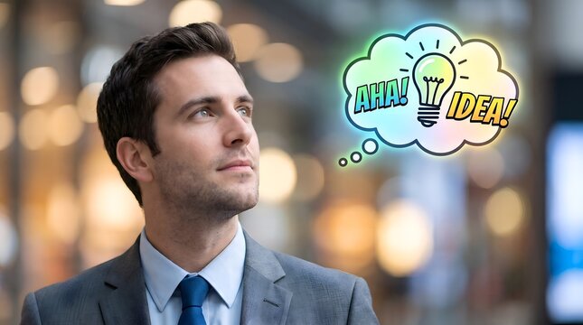Successful businessman looking up with bright idea concept illustration in thought bubble with glowing light bulb and aha moment text