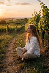 Obraz premium Beautiful young woman with long hair sits on dirt path in vineyard at sunset. Female enjoying calm nature landscape during golden hour. Girl relaxes in white shirt, beige pants amidst grape vines