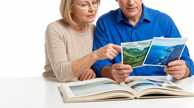 Older couple planning travel by looking at photos in a scrapbook  