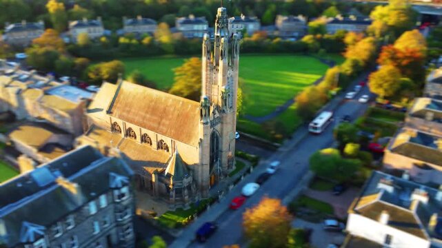 Tilt-shift Static drone shot of a church in Portobello Scotland