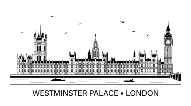 Very beautiful black and white flat vector panorama of Westminster Palace in London, featuring the Houses of Parliament, Big Ben and Thames waterfront, centered label below illustration: "WESTMINSTER 