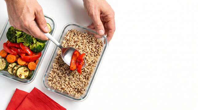 Healthy meal prep with grains and vegetables in glass containers  